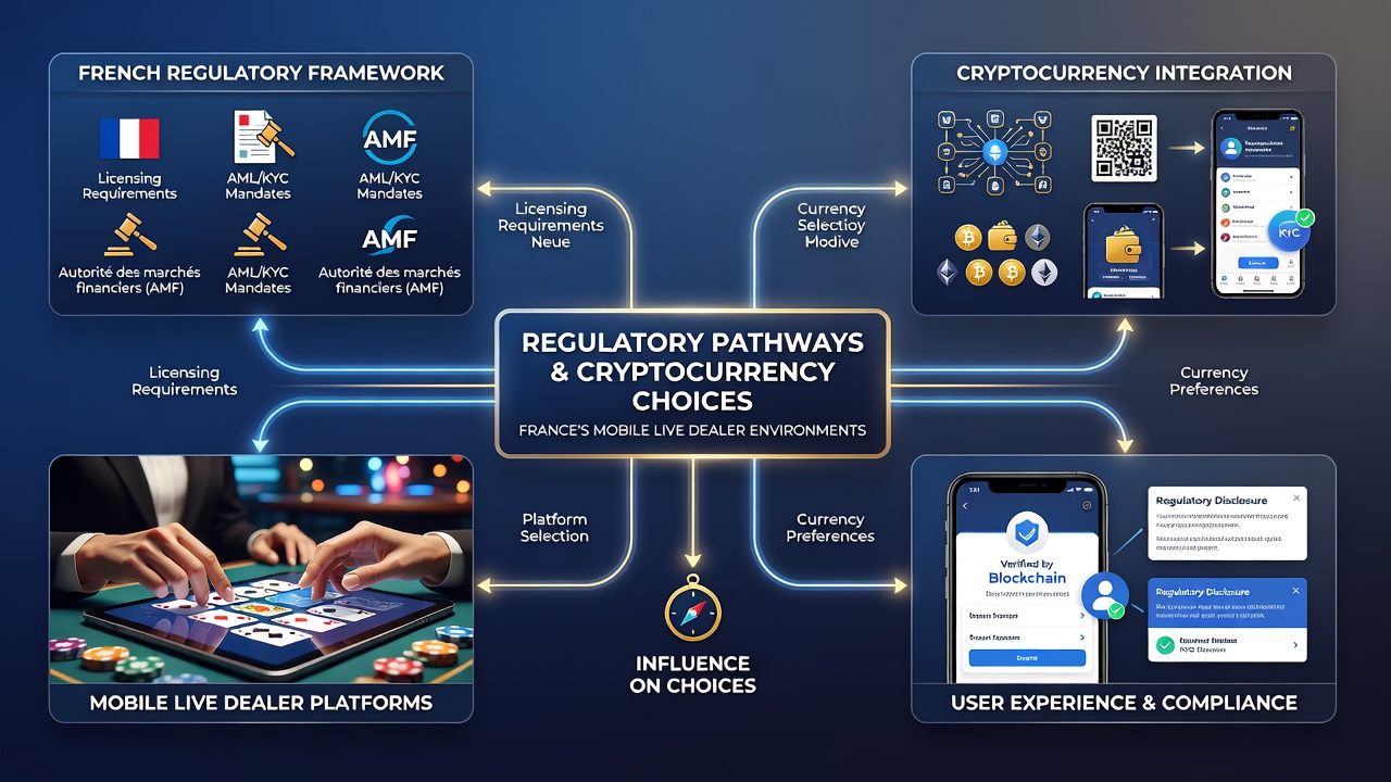 Mobile device displaying live dealer interface with cryptocurrency transaction elements under French regulatory guidelines